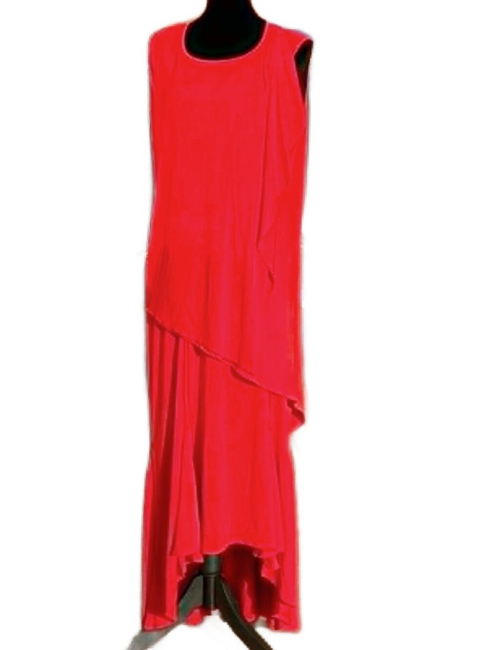 Chico’s Size 0 Red 2 Piece Maxi Dress Chiffon Overlay Stretch Layered Asymmetric
